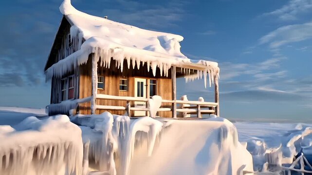 snowcovered wooden house with icicles and icicles hanging from its roof.