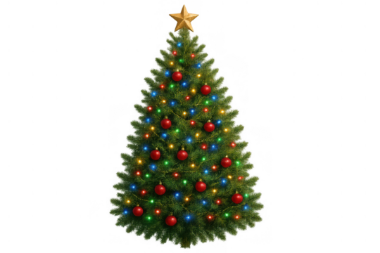 Christmas tree glowing with colorful lights and red ornaments, golden star on top, festive holiday season concept