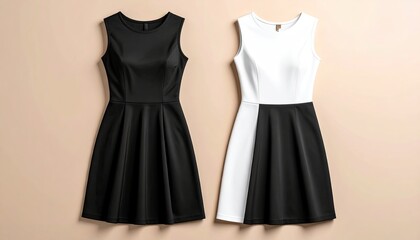 Elegant Black Dress and a Chic Two-Tone Dress Displayed Side by Side on a Neutral Background Showcasing Contrasting Styles and Designs