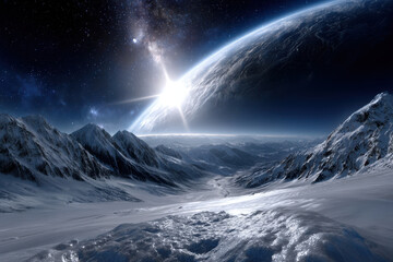 Majestic view of snow-covered mountains with a distant planet and glowing sun