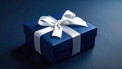 Elegant Navy Blue Gift Box Tied With A Shiny White Ribbon And Bow On A Dark Textured Surface With Subtle Lighting And Shadows Creating A Sophisticated Presentation