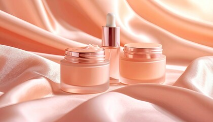 Elegant Makeup Foundation Jars and Dropper Bottle on Silky Peach Fabric with Soft Lighting
