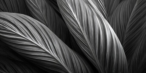 Fototapeta premium Close-Up of Elegant Palm Leaves in Monochrome with Intricate Patterns and Textures for a Natural and Sophisticated Aesthetic in Photography