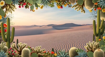 Vibrant desert flora frames serene sand dunes at golden hour sunset