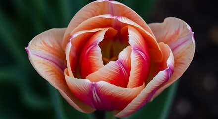 Close up of a blooming tulip flower with vibrant orange and red petals
