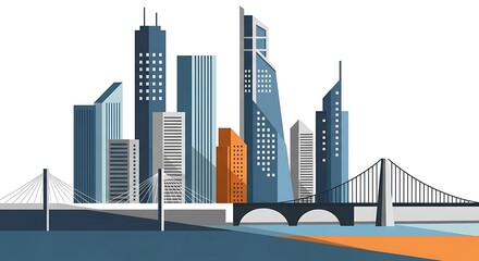 Obraz premium Cityscape with Skyscrapers and Bridge, Modern Urban Architecture.