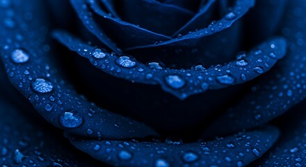 Close up of a blue rose with water droplets isolated on black background