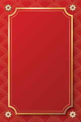 Golden vertical frame with flowers Chinese style on red background.