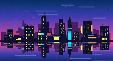 Vibrant Neon Pixel Art Cityscape at Night with Water Reflection.