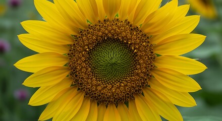 Close up of a bright yellow sunflower in full bloom on a green background