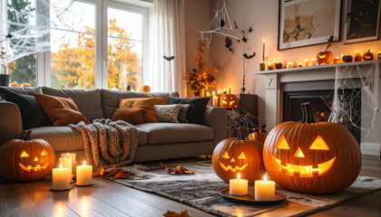 Cozy living room interior decorated for a festive Halloween celebration with glowing jack-o'-lanterns and warm, atmospheric candlelight