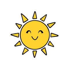 Sun Drawing shining Smiling Cartoon vector Illustration Happy Yellow Sun with white Clouds on Blue Sky Clipart for Children’s Graphics, Weather Icons, and Positive Design