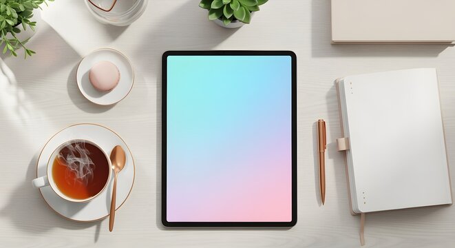 Modern tablet mockup with steaming tea, pastry, and notebook for creative work - Powered by Adobe
