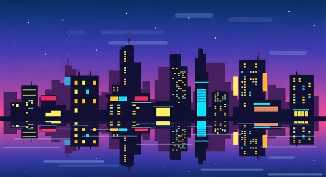 Vibrant Neon Pixel Art Cityscape at Night with Water Reflection.