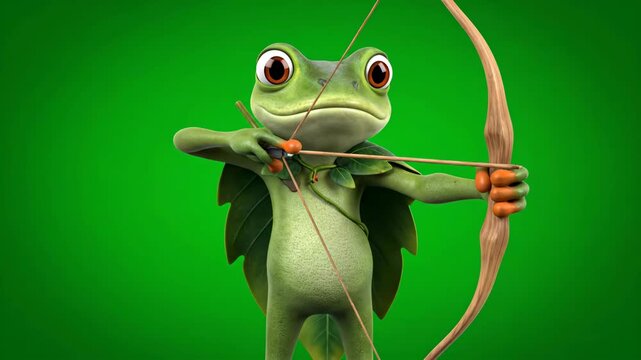 Cartoon Green Frog Archer with Bow and Arrow Illustration Against Green Background, Holding Bow and Arrow and Wearing Leafy Cape
