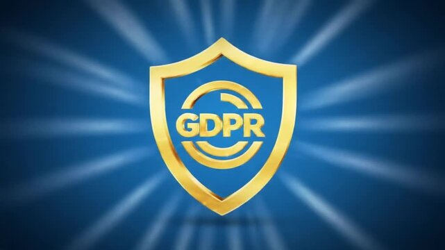 Golden shield with GDPR text on a blue background with light rays