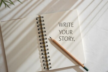 Close up of blank notebook and pencil with motivational quote