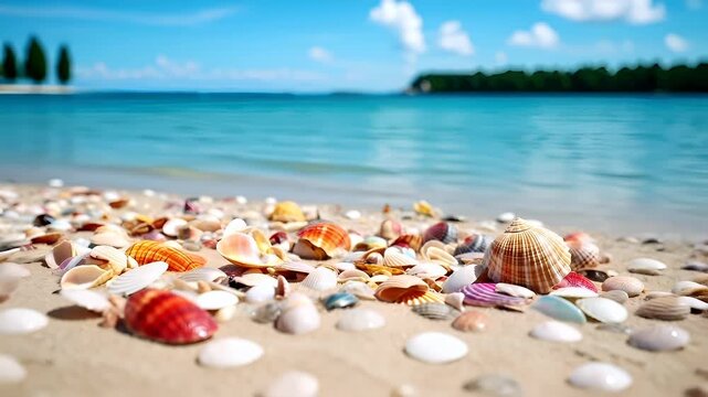 Aerial view of seashells on sandy beach with turquoise water background.