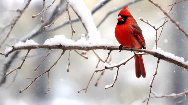 A vivid red cardinal perched on a snowcovered branch. The cardinals striking red plumage is complemented by the crisp white of the snow, which lightly drapes over the birds feathers.