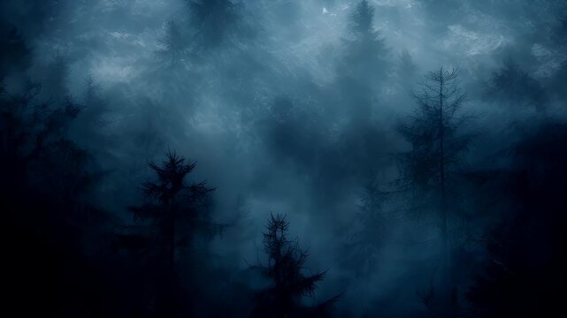 A dark, atmospheric forest scene with a misty atmosphere. The style is reminiscent of digital art, with a focus on mood and atmosphere over detailed realism.