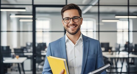 Successful man in a suit standing in a bright office, conveying trust and reliability. Perfect for human resources or financial services imagery.