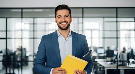 Young male executive looking directly at the camera with a cheerful expression, ready to work. Ideal for themes of corporate leadership and career advancement.