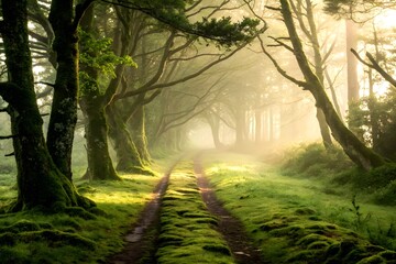 Obraz premium Beautiful mystical forest in blue fog in autumn. Forest Panorama view. Pines. Spruce nature landscape. Forest background.