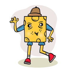 Cartoon Kawaii Cheese Character Smile Dance Colorful Hand Drawn. Vector Illustration