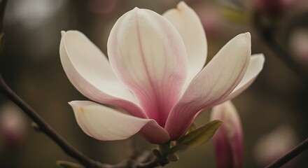 Fototapeta premium Close up of a delicate magnolia flower pink and white petals on a blurred background