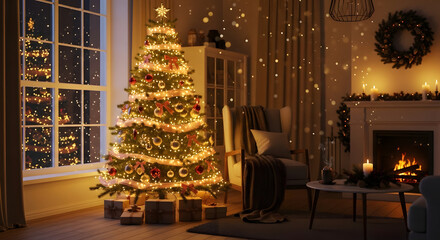 Warm Christmas Eve scene with tree and fireplace glow