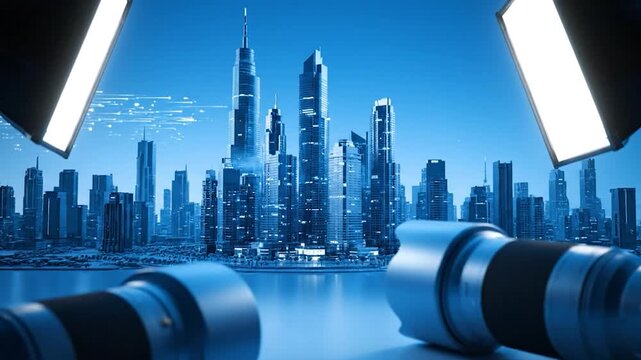 Blue cityscape seen through lenses, illuminated by studio lights, creating a photographic concept - Powered by Adobe