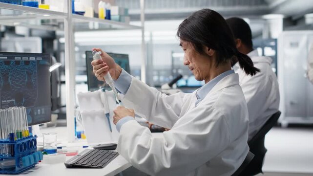 Assay development specialist uses pipette to transfer liquid into test tube containing blue solution at laboratory bench. Asian lab engineer does pipetting procedure with chemical reagent, camera B