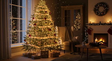 Cozy holiday home interior with a glowing fireplace