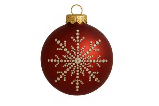 Red christmas ornament with snowflake design, holiday bauble for festive seasonal decoration, isolated on transparent background