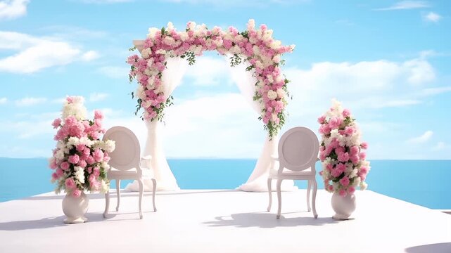 pink and white floral archway against a clear blue sky with fluffy white cloudspink peonies and hydrangeas on a white pedestal against a serene blue sky backdroppink floral arrangement on white pede.