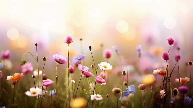 A closeup of a field of flowers with a bokeh effect in the background. The flowers are vibrant and varied in color, with hues ranging from pinks, purples, yellows, and whites.