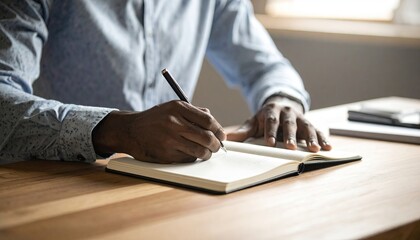 Close up on a man's hands wearing a blue dress shirt writing in a notebook with a pen on a wooden table with soft natural window light