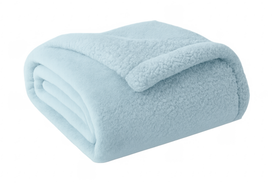 Blue folded fleece sherpa blanket providing warmth, transparent background