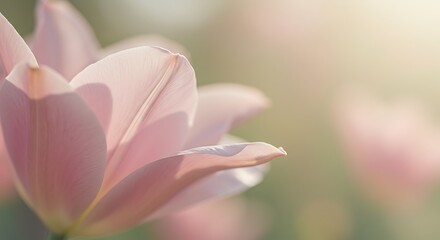 Fototapeta premium Close up of a delicate pink tulip flower illuminated by soft sunlight