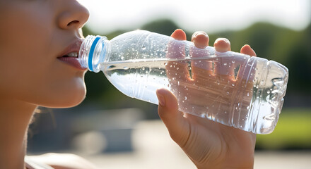 A thirsty person drinking from a clear plastic bottle of fresh water to stay hydrated during outdoor activity