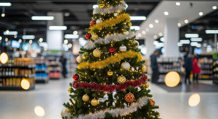 Decorated Christmas tree in a bustling supermarket