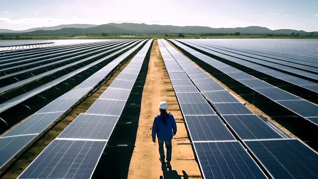 Aerial view of solar farm with worker in blue uniform and hard hat walking amidst rows of solar panels. The sky is clear with a few clouds, and the sun is shining brightly.