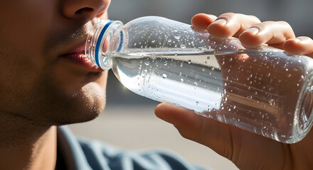 Thirsty man hydrating with a bottle of clear water