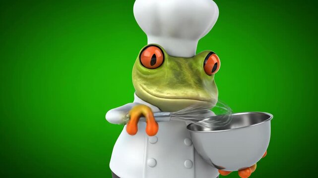 Green Frog with Orange Eyes Holding Whisk and Bowl in Chef Attire on Gradient Green Background