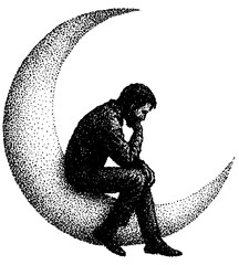 Fototapeta premium Man sitting on crescent moon, retro xerography stipple engraving black and white surreal emotional photo art isolated on transparent background