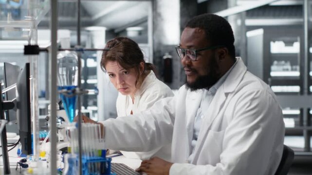 Lab chemists inspect liquids in test tube, looking for breakthroughs during clinical trials. Team of research facility professionals at workbench comparing chemicals vials, testing formula, camera B