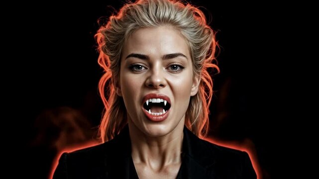 Blonde Vampire Woman with Fiery Outline Revealing Fangs on Black Background Close-Up
