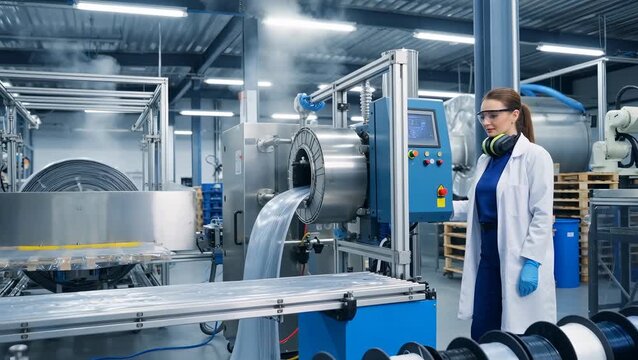Female Scientist Operating Industrial Machinery in a Modern Manufacturing Facility