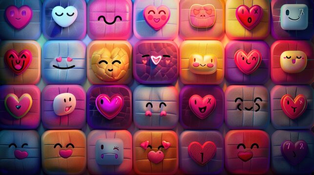 Colorful Emoji Faces on Cubed Blocks in Bright Neon Lighting for Fun and Playful Mood