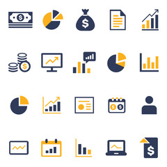 Business finance icons showcase currency, statistics, and insights on white background